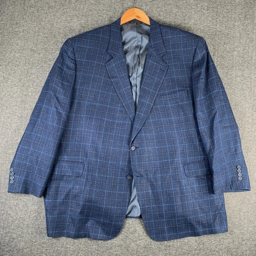 Jack Victor Blazer Jacket Men 54R E Thomas Linen Silk Kingwood Windowpane Blue